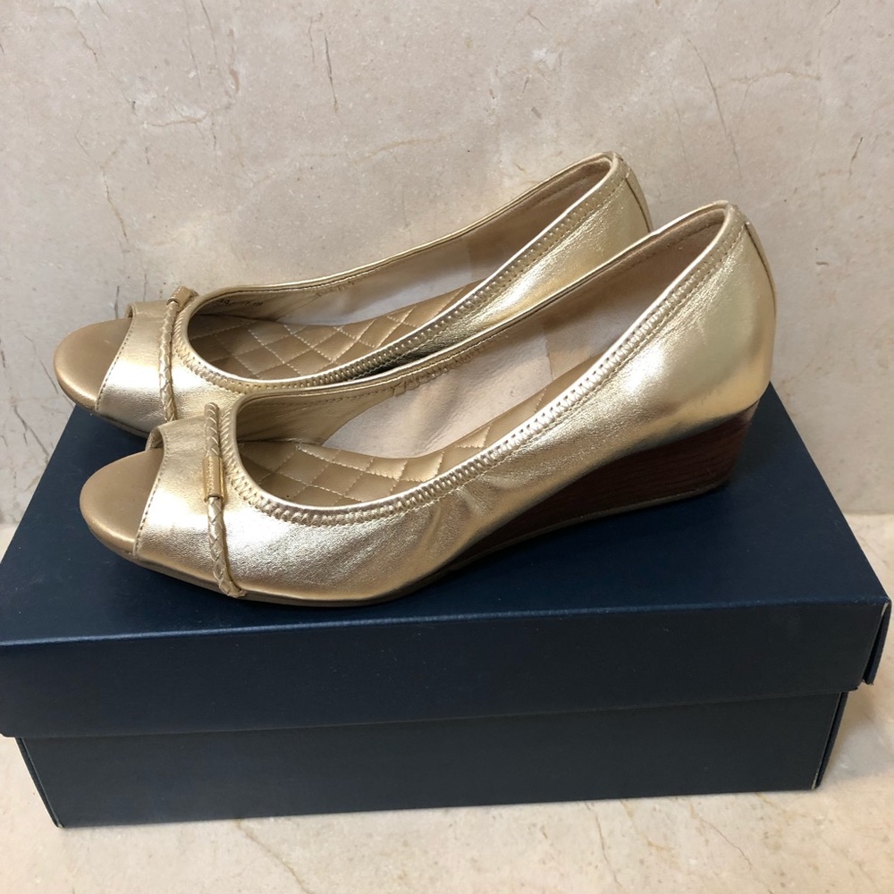 Cole Haan Tali Wedge Peep Toe Gold Shoe